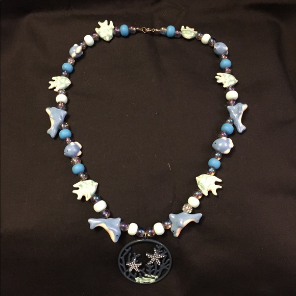Handmade Jewelry - Ocean Themed Necklace Dolphins Fish Blue Pendant